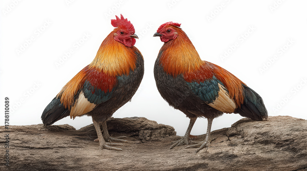 Fototapeta premium Two colorful roosters facing each other on a log against a plain background, possibly in a standoff or interaction.