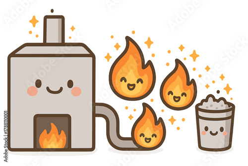 Cheerful Doodle Incineration. Adorable doodle incineration process with smiling furnaces, cartoon flames bouncing, cheerful ash