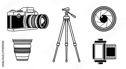 Illustration of photography equipment: camera, tripod, lens, aperture, and film roll in black and white.