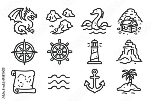 Mythical Map Icons. Line style icons of Mythical Maps: Dragon Illustration, Jagged Coast, Sea Serpent, Hidden Treasure; Compass,