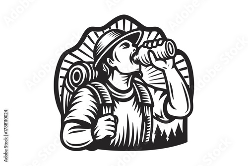 Monochrome hiker with hat drinks from bottle with backpack against sunburst and forest