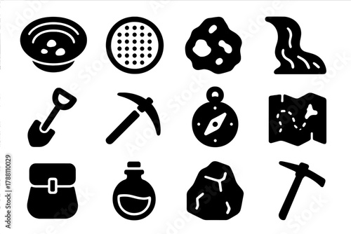 Prospecting Icon Set. Solid style icons of Prospecting: Pan, Sieve, Gold Nugget, Water Stream, Shovel, Pickaxe, Compass, Map,