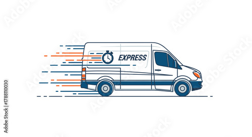 A white express delivery van speeding with motion lines, symbolizing fast and efficient shipping service.