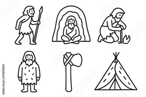 Prehistoric Humanity Icons. Line style icons of prehistoric humans: hunter with spear, cave dweller, fire making, fur clothing,