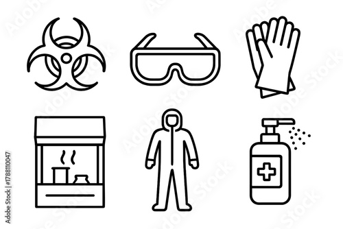 Laboratory Safety Icons. Line style icons of laboratory safety: biohazard symbol, safety goggles, gloves, fume hood, protective