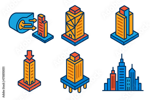 Skyscraper Stability Icons. Isometric vector illustration set Skyscraper Stability: wind tunnel test model, cross-bracing frame,