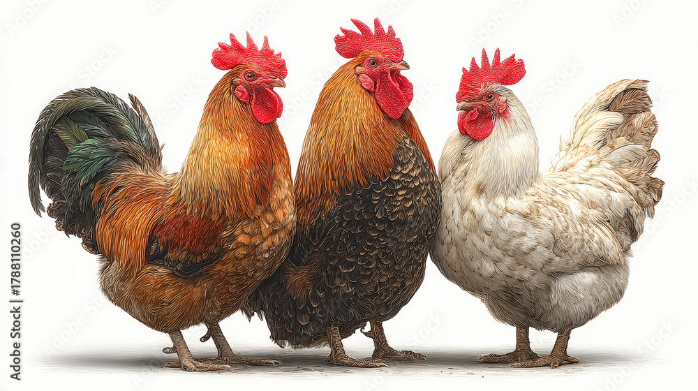 Fototapeta premium Four chickens, including three roosters and one hen, standing side by side, showcasing diverse feather colors and patterns.