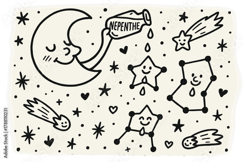 Celestial Nepenthe Celebration. A doodle of a smiling moon pouring Nepenthe potion into the night sky, with cheerful