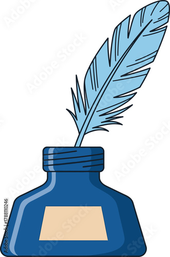 Quill pen feather with inkwell vector illustration, old writing instrument, traditional literary tool for education, history, and communication