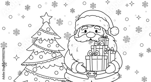 A black and white coloring page featuring Santa Claus holding gifts next to a decorated Christmas tree.
