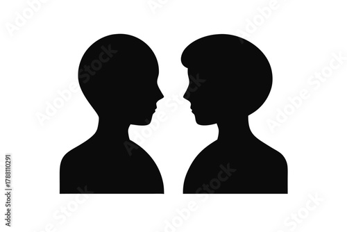 Two opposite facing human head silhouettes show face profile on a transparent background