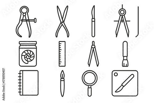 Malacology Tools Icons. Line style icons of malacology tools: calipers, forceps, scalpel, dissecting needle; specimen jar, ruler,