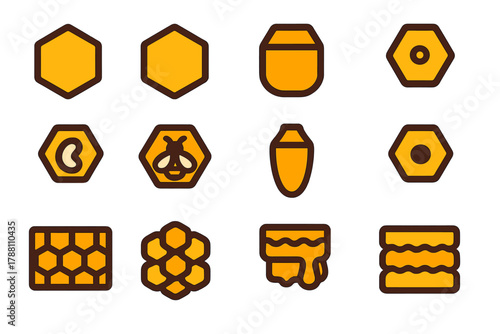Minimalist Honeycomb Icons. Flat vector icons of honeycomb patterns: hexagonal wax cell, filled honey cell, capped honey cell,