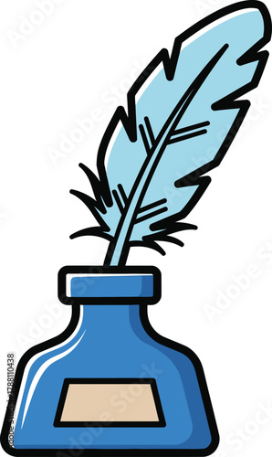 Blue inkwell with a light blue quill feather. this iconic writing instrument symbolizes history, literature, education, and traditional communication.