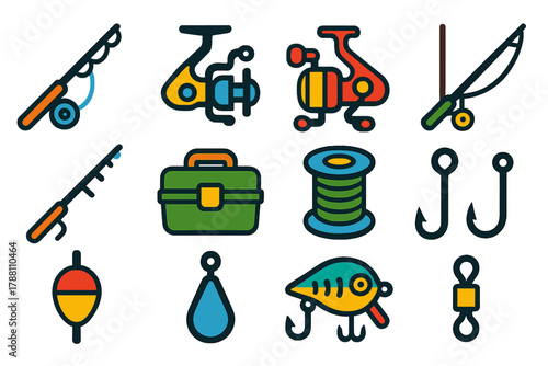 Vivid Fishing Gear Icons. Flat vector icons of fishing gear: fishing rod, spinning reel, baitcasting reel, fly rod, telescopic rod