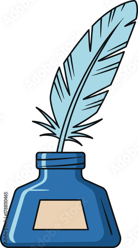 Feather quill pen in a blue inkwell illustration, vintage writing tool, education, literature, creativity, antique stationery, history, wisdom, learning