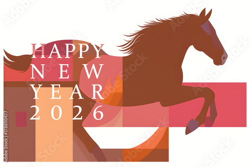 2026年年賀状 馬のイラスト シンプルでモダンなデザイン