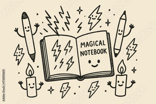 Enchanted Notebook Doodles. A doodle of a magical notebook where lightning doodles appear by themselves, with smiling pens,