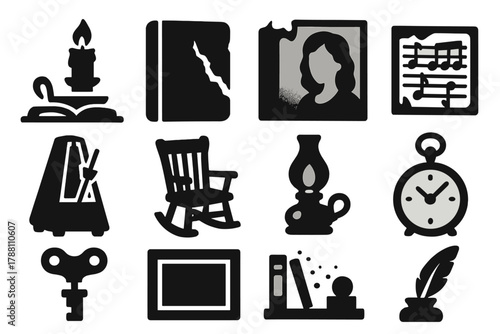 Icons of Memory. Solid style icons of Echoes of memory: candlelit desk, torn diary, fading portrait, music sheet, old metronome,