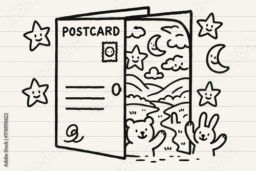 Postcard Portal Adventure. A doodle of a giant postcard acting as a door to a dreamy landscape, with happy stars, moons, and