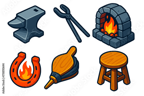 Traditional Blacksmith Tools. Isometric vector illustration set Traditional Blacksmith: steel anvil, long tongs, stone forge, hot