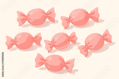 Playful Pink Candies. Pink wrapped candies arranged on a clean white surface, playful and sweet tones, soft natural vector