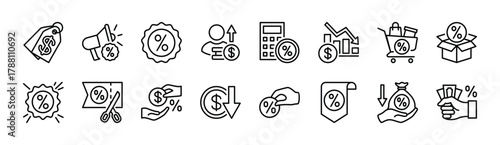 Discount promotion icon set. Price tag, offer sale label, shopping coupon badge, calculate tax deduction, bonus, rebate, down prices, cashback, low sell, percent sticker, gift - vector illustration