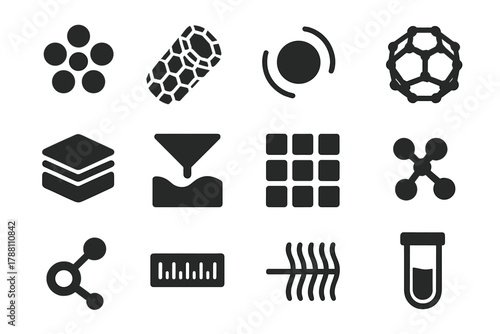Nanotechnology Icons Collection. Solid style icons of nanochemistry: nanoparticle cluster, carbon nanotube, quantum dot, nano cage