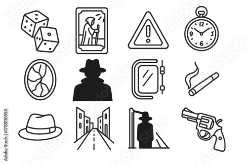 Noir Icons Collection. Line style icons of noir fate: loaded dice, tarot card, ominous sign, destiny; pocket watch, broken mirror,