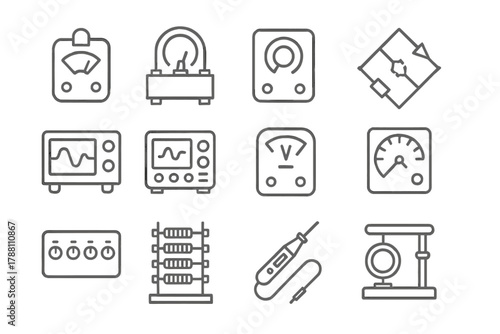 Laboratory Meter Icons. Line style icons of laboratory meters: galvanometer, potentiometer, rheostat, Wheatstone bridge;