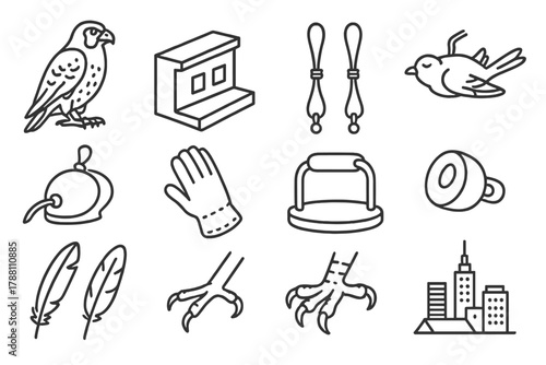 Urban Falconry Icons. Line style icons of urban falconry: peregrine falcon, city ledge, jesses, prey; falcon hood, glove, perch,