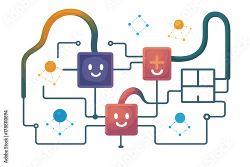 Playful Quantum Circuit. Quantum circuitry workshop with smiling wires, playful gates, and glowing qubits forming constellations
