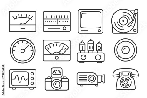 Retro Tech Icons. Line style icons of retro technology: cassette deck meter, radio tuner, CRT screen, vinyl player; frequency dial
