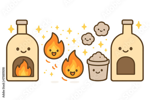 Cheerful Doodle Incineration. Adorable doodle incineration process with smiling furnaces, cartoon flames bouncing, cheerful ash