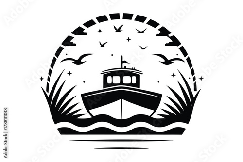 Silhouette boat sailing across ocean waves under sky full of birds and stars