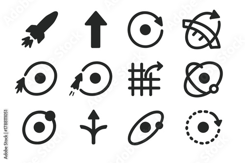 Orbital Maneuvers Icons. Solid style icons of orbital maneuvers: rocket firing, delta-v arrow, trajectory correction, inclination