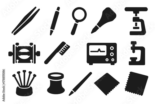 Watchmaker Tools Icons. Solid style icons of Watchmaker’s tools: tweezers, oiling pen, magnifying lens, case opener, movement