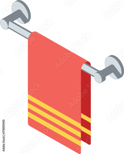 Isometric vibrant red and yellow striped towel hanging neatly on a sleek silver metal towel bar, perfect for bathroom, kitchen, or spa settings, conveying a fresh, clean feel.