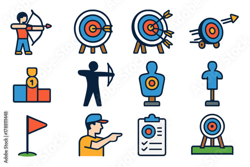 Archery Icons Set. Flat vector icons of archery practice: archer aiming stance, arrow hitting bullseye, arrow cluster in target,
