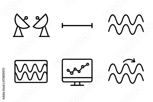 Interferometry Icons. Line style icons of Interferometry Techniques: two connected antennas, baseline line, signal correlation,