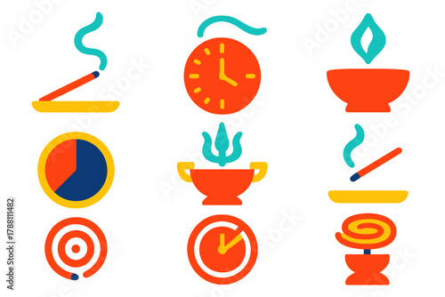Modern Incense Icons. Flat vector icons of incense clocks: burning incense stick, smoke trail, time markers, holder tray, aroma