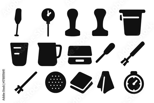 Barista Tools Icons. Solid style icons of barista tools: milk frother, thermometer, tamper, knock box, shot glass, steaming