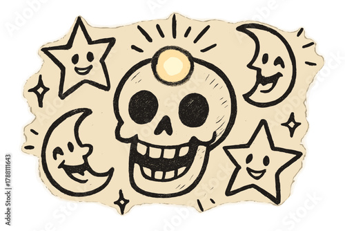 Radiant Skeleton Doodle. A doodle of a cheerful skeleton head with a glowing bregma spot, surrounded by smiling stars, giggling