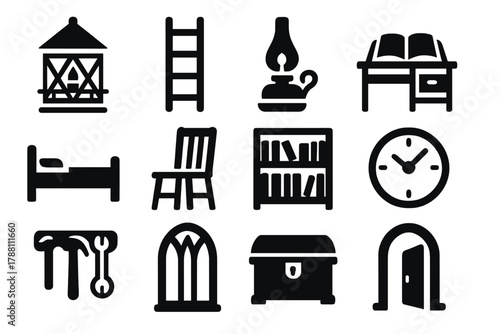 Lighthouse Interior Icons. Solid style icons of lighthouse interiors: lantern room, metal ladder, oil lamp, keeper’s desk, bed,