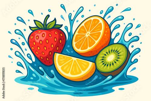 Splashing Fruity Refreshment. Playful splash vector illustration of fruit in water, dynamic motion, bright colors, refreshing and