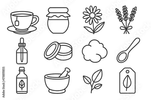 Herbal Remedy Icons. Line style icons of Herbal Remedies: Tea Cup, Honey Jar, Chamomile Flower, Lavender Bundle; Dropper Bottle,