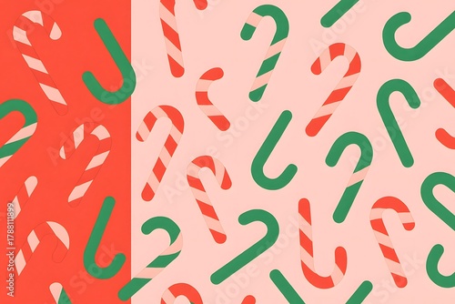 Candy Cane Pattern: Festive Christmas Holiday Design in Red and Green on Pink Background - Perfect for Wrapping Paper, Illustration Art, and Seasonal Decorations