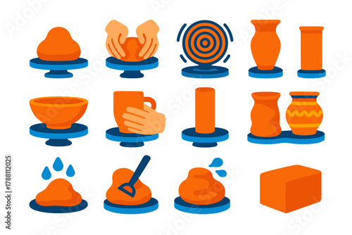 Pottery Process Icons. Flat vector icons of potter’s wheel process: lump of clay on wheel, shaping hands, spinning wheel, tall