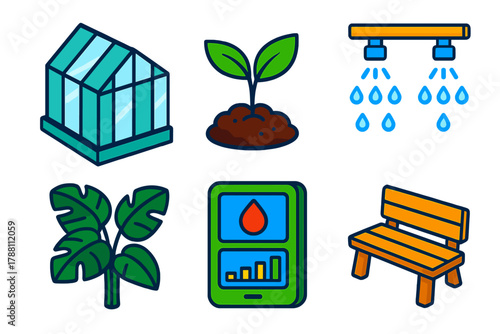 Botanical Greenhouse Icons. Isometric vector illustration set Botanical Greenhouse: tall glass panes, growing sprout, mist