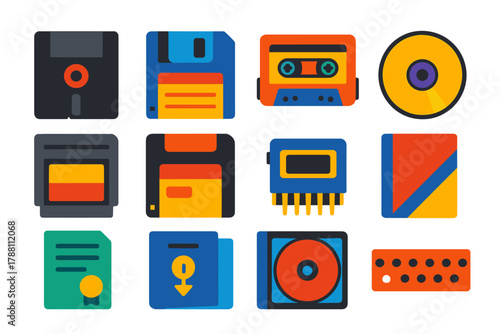 Vintage Software Icons. Flat vector icons of Vintage Software Media: 5.25 floppy, 3.5 floppy, cassette tape, CD-ROM, cartridge,